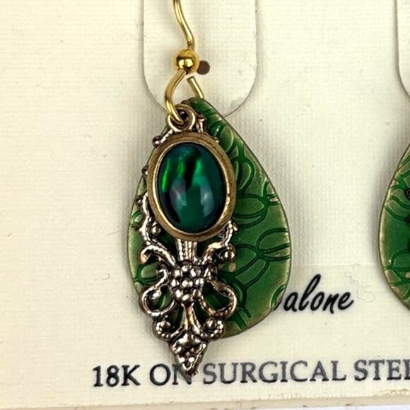 Silver Forest Green Abalone dangle earrings 18K on Surgical Steel - Picture 2 of 3